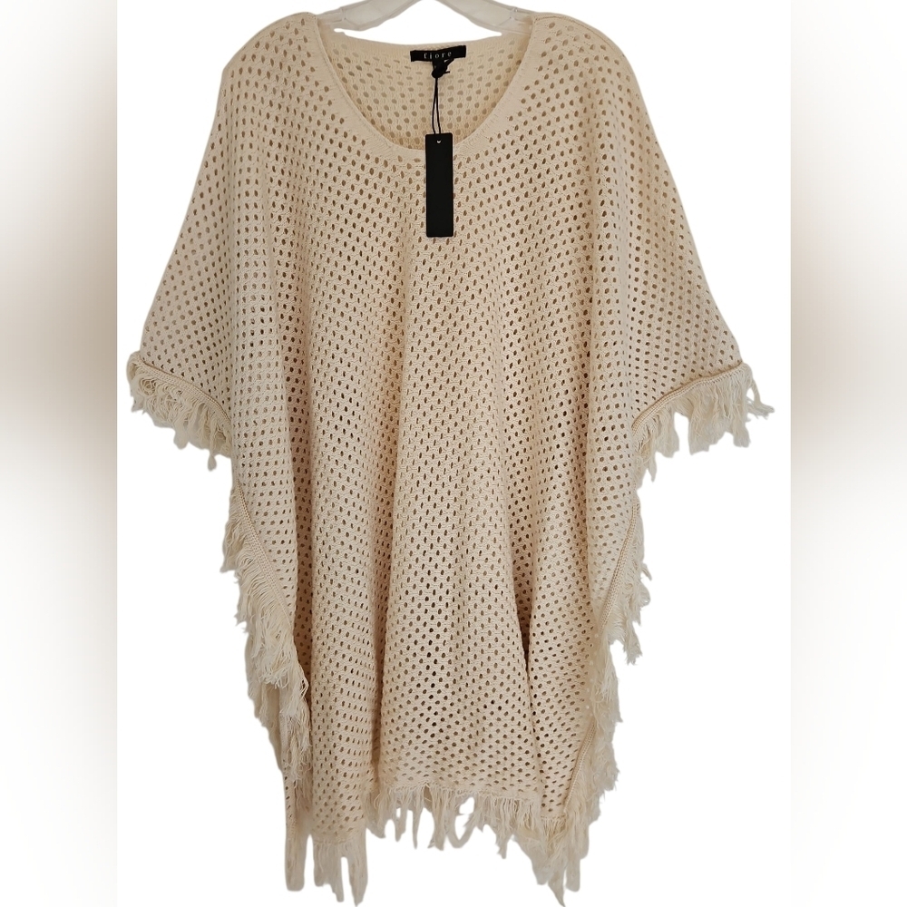 Fiore Knit Fringe Poncho Cream Oversized - Picture 2 of 8